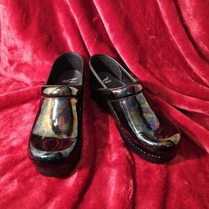Dansko Genuine Leather Black Iridescent Mule Slip On Clogs 38